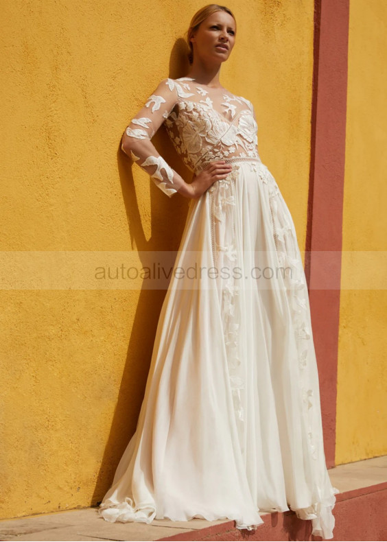 Ivory Embroidery Lace Chiffon Boho Wedding Dress